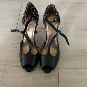 Black leather stud high heels